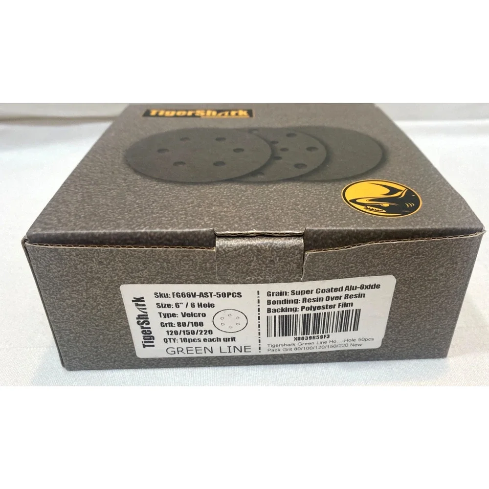 Sanding Disc Tiger Shark 6” / 6 Hole 80/100/120/150/220 Grit 50 Pieces